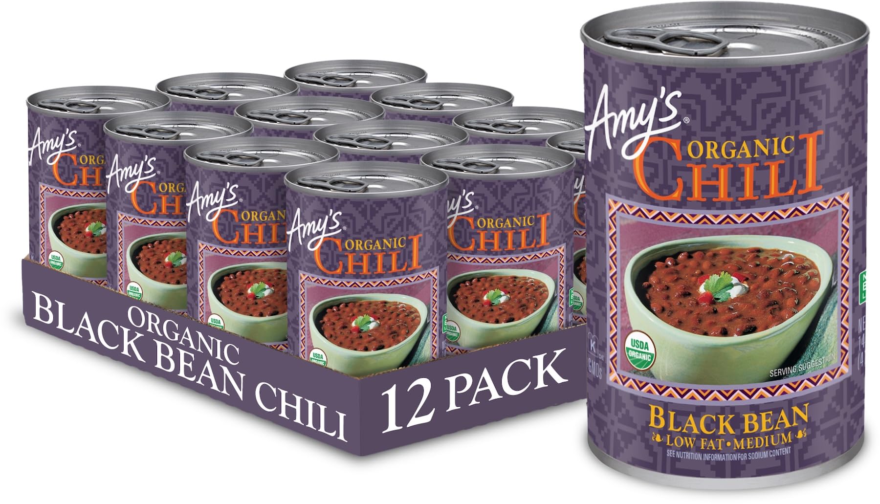Amy's Organic Black Bean Chili can front view highlighting organic vegan ingredients