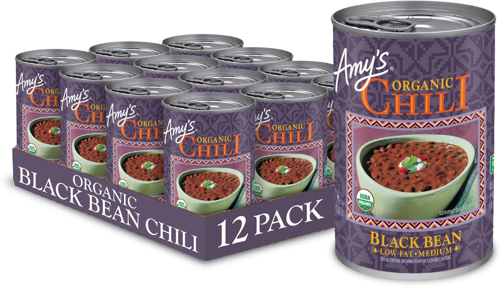 Amy's Organic Black Bean Chili can front view highlighting organic vegan ingredients