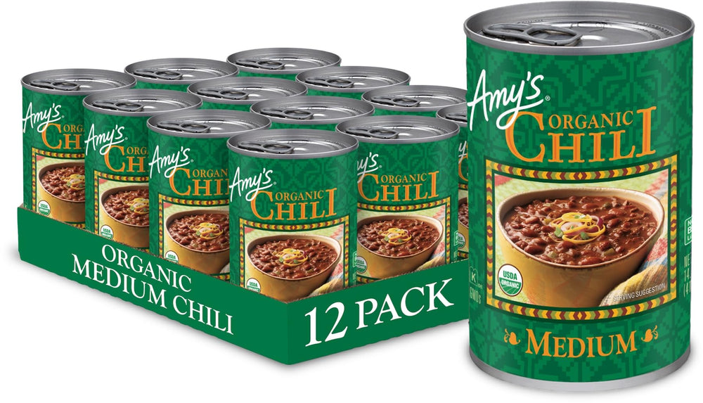 Amy's Organic Medium Spice Chili cans in a 12-pack for easy meals