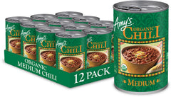 Amy's Organic Medium Spice Chili cans in a 12-pack for easy meals