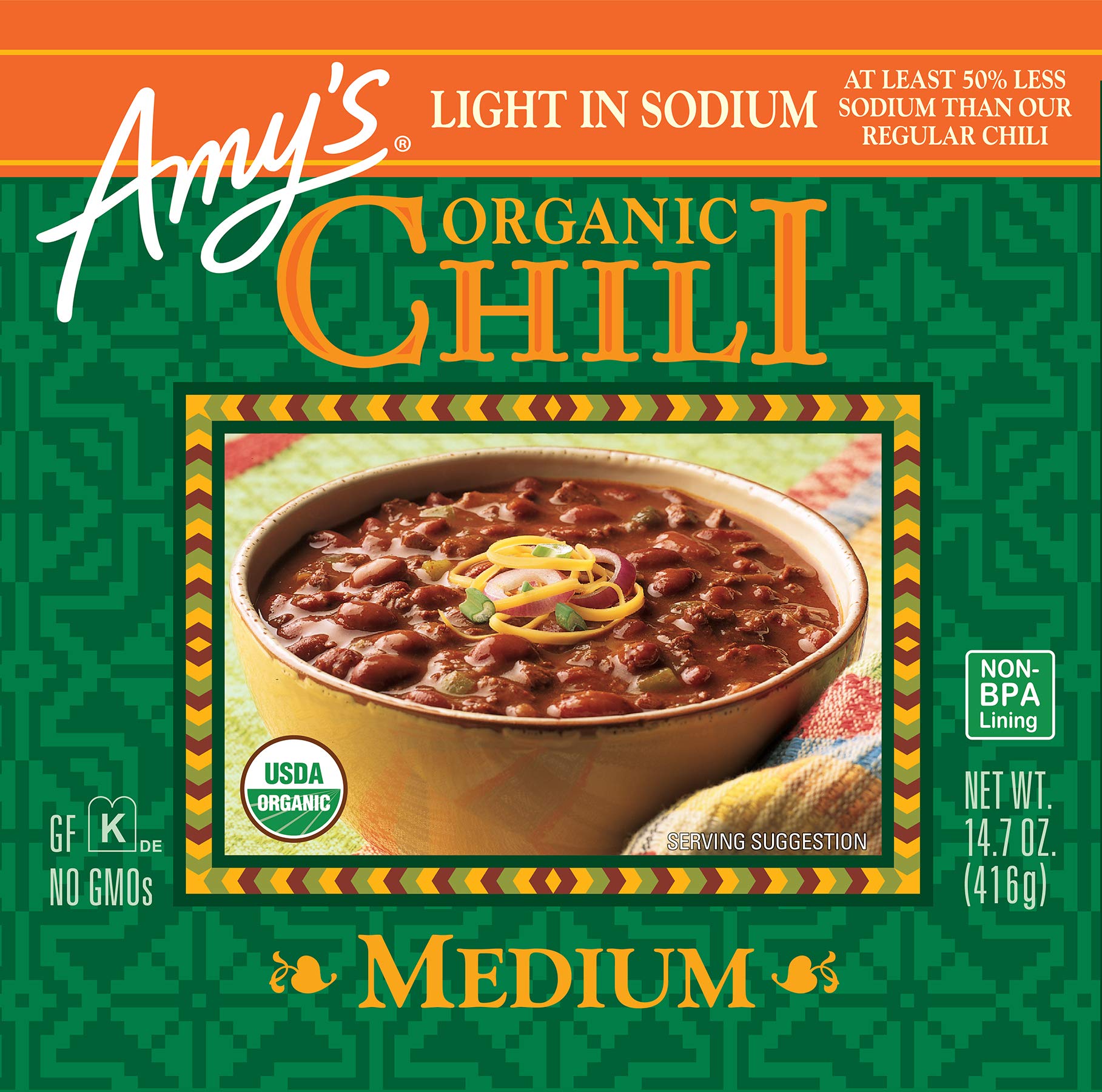 Amy's Chilis closeup of organic ingredients and vegetables in the sauce