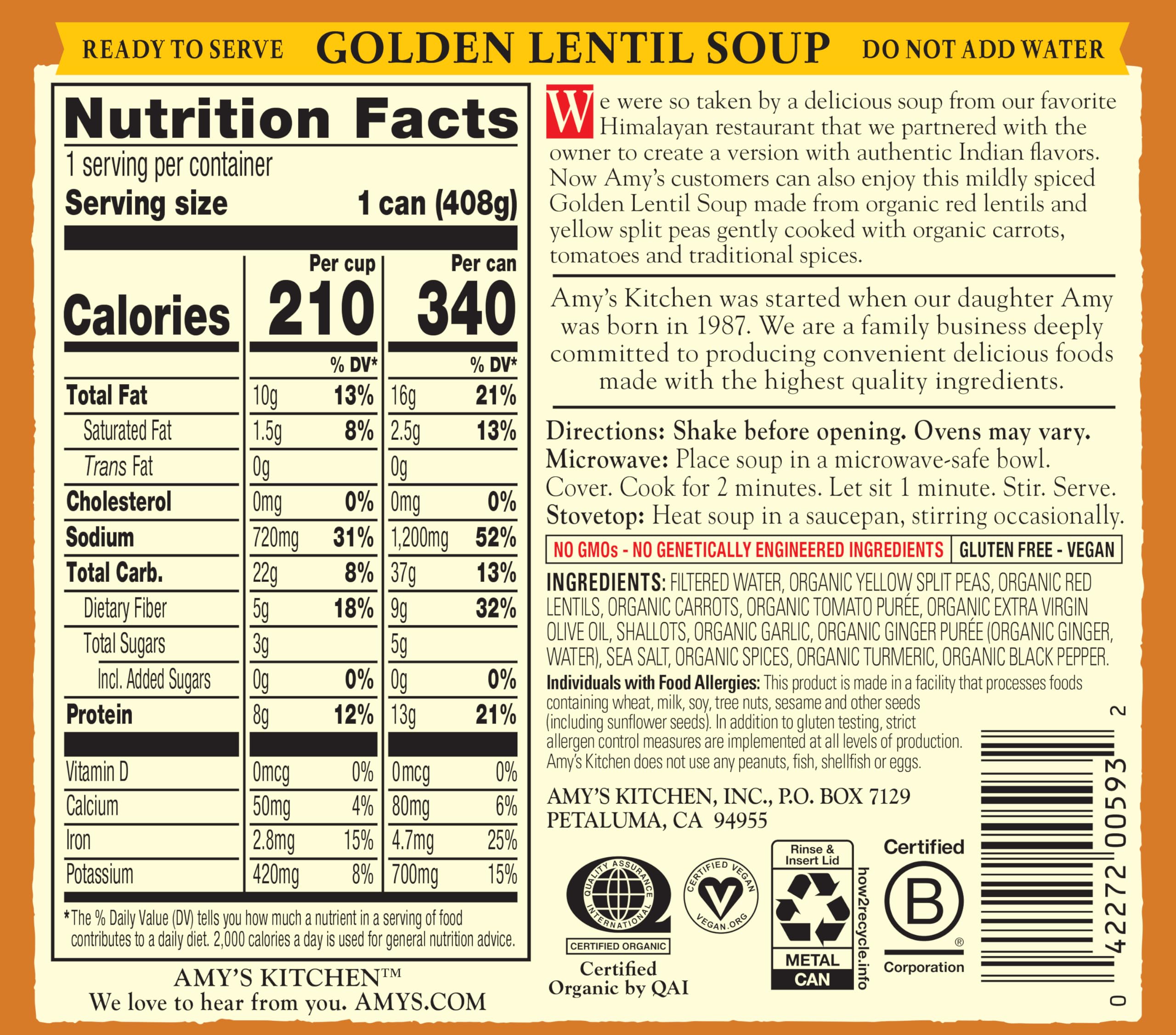 Amy's Golden Lentil Soup can front with organic ingredients.