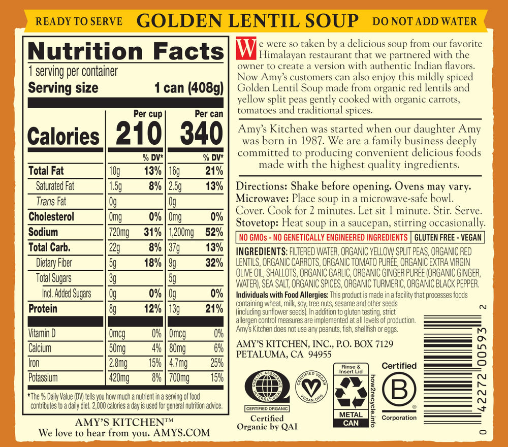 Amy's Golden Lentil Soup can front with organic ingredients.