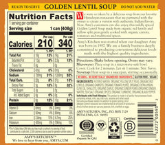 Amy's Golden Lentil Soup can front with organic ingredients.