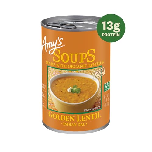 Nutrition label on Amy's Golden Lentil Soup highlights protein and fiber.
