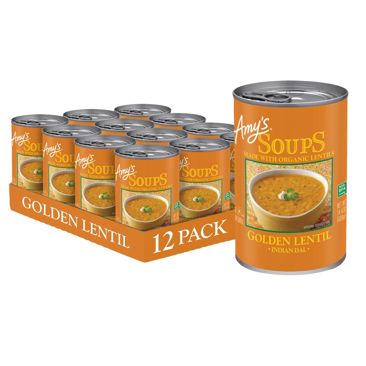 Amy's Golden Lentil Soup 12-pack for quick weeknight meals.