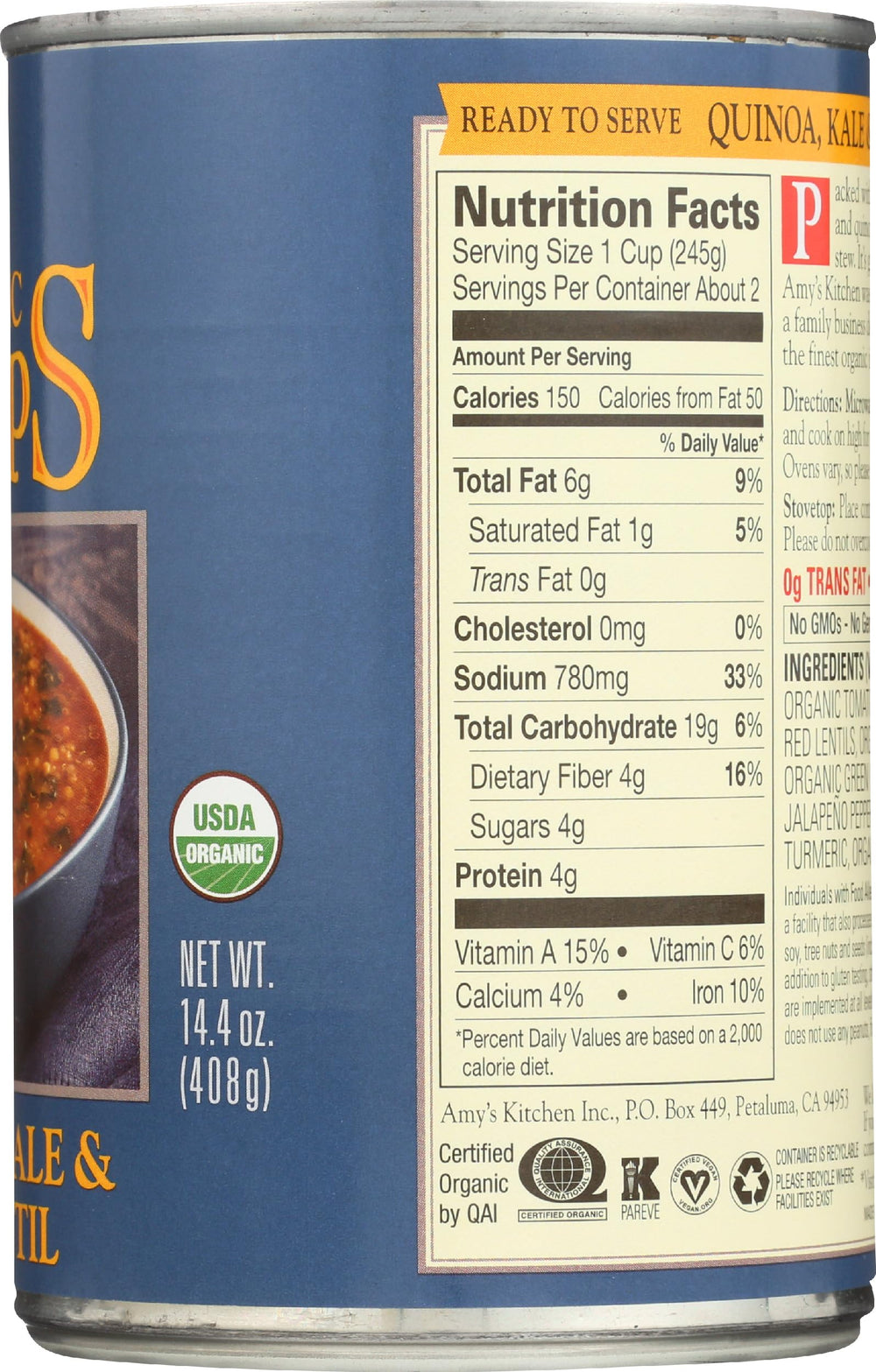 Amy's kosher-certified vegan soup label on the can.