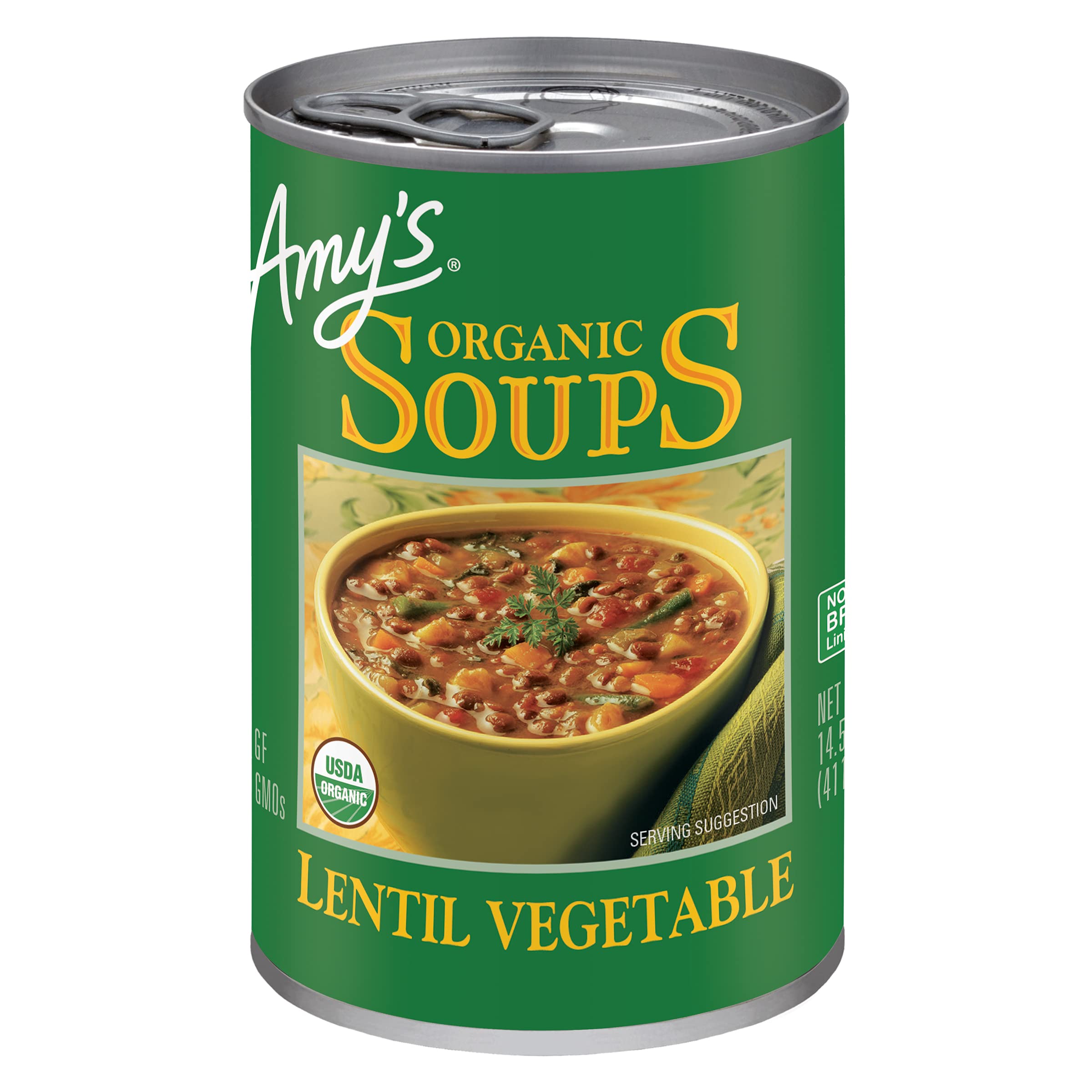 Amy's Lentil Vegetable Soup can front view, ready-to-heat wholesome meal.
