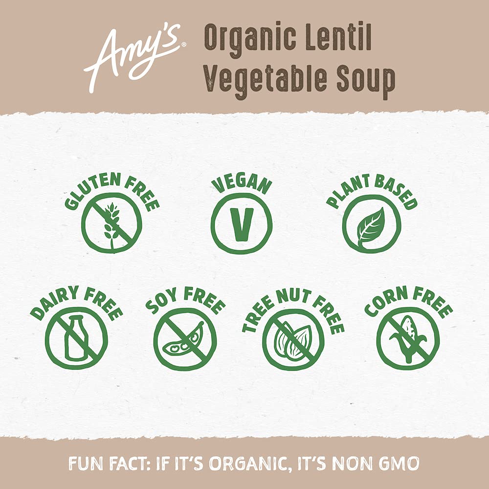 Amy's Lentil Vegetable Soup in a bowl, steaming and comforting dinner.