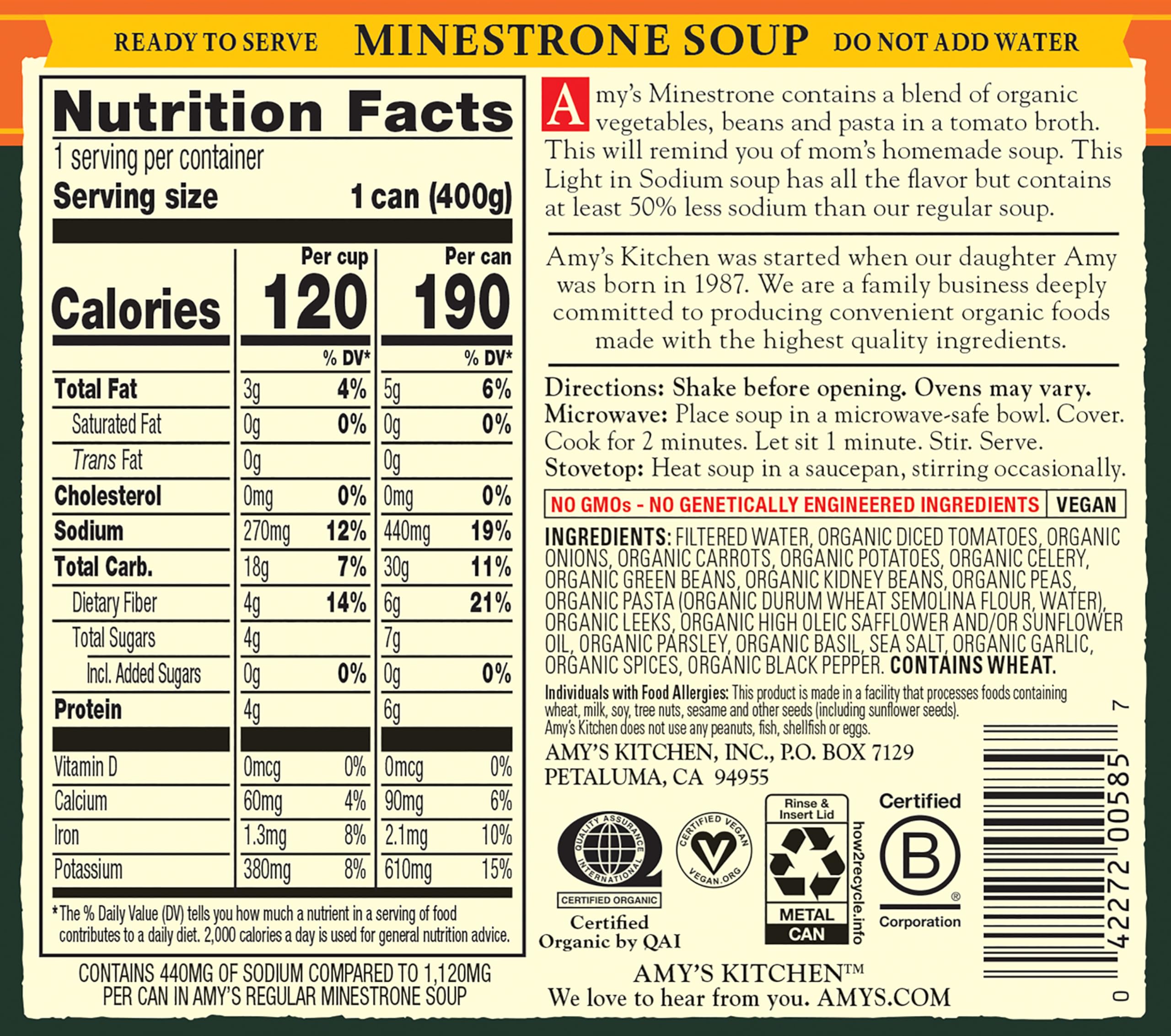 Amy's Minestrone organic vegetables showcased for a wholesome, plant-based meal.