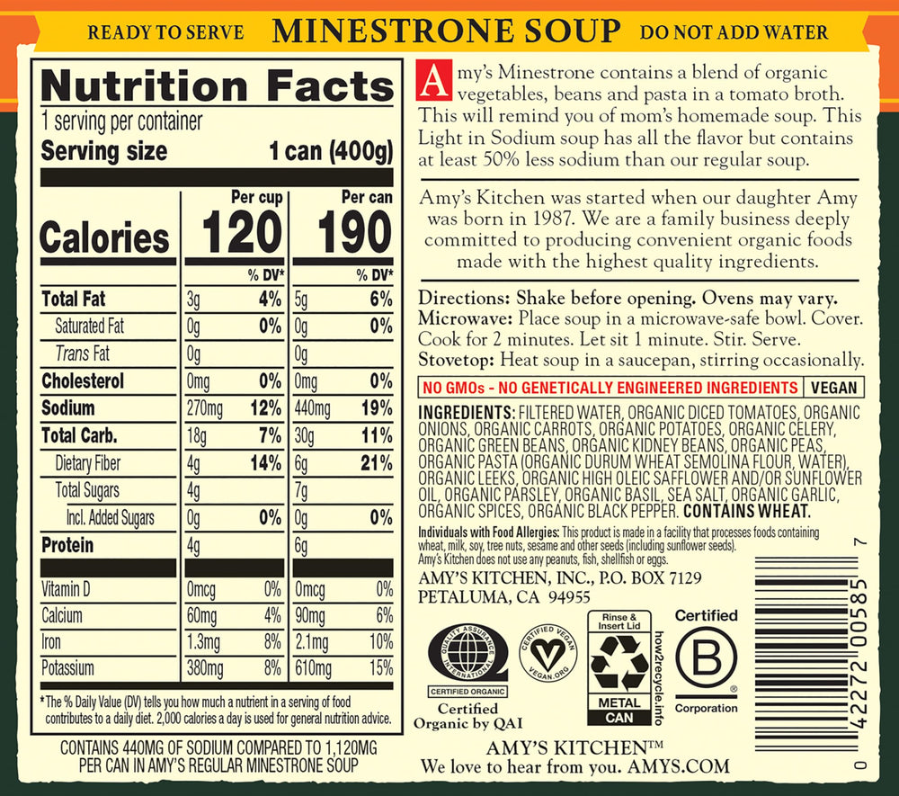 Amy's Minestrone organic vegetables showcased for a wholesome, plant-based meal.