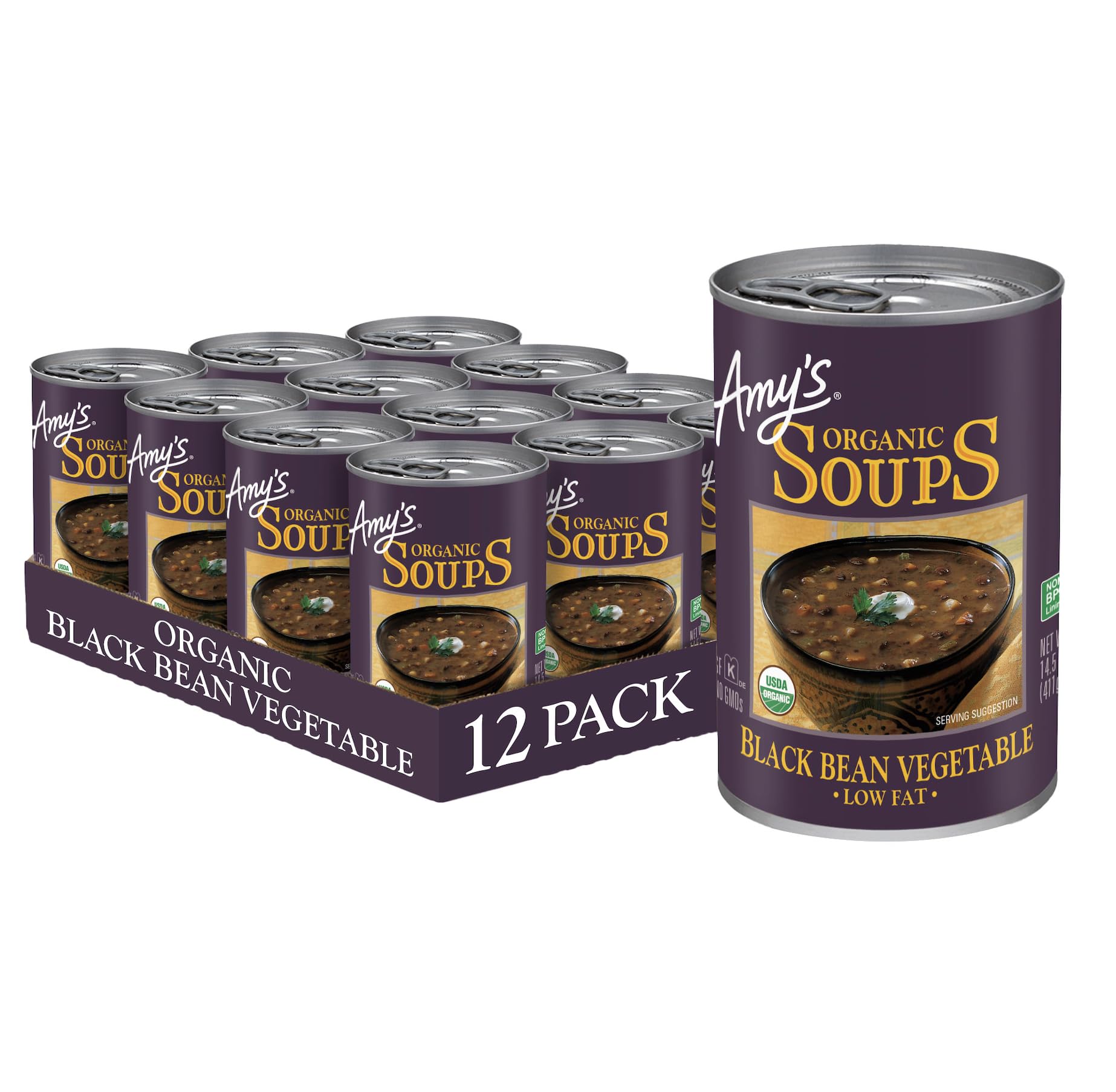Amy's Organic Black Bean Vegetable Soup can front label showing organic vegan convenience
