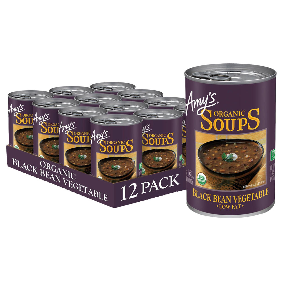 Amy's Organic Black Bean Vegetable Soup can front label showing organic vegan convenience