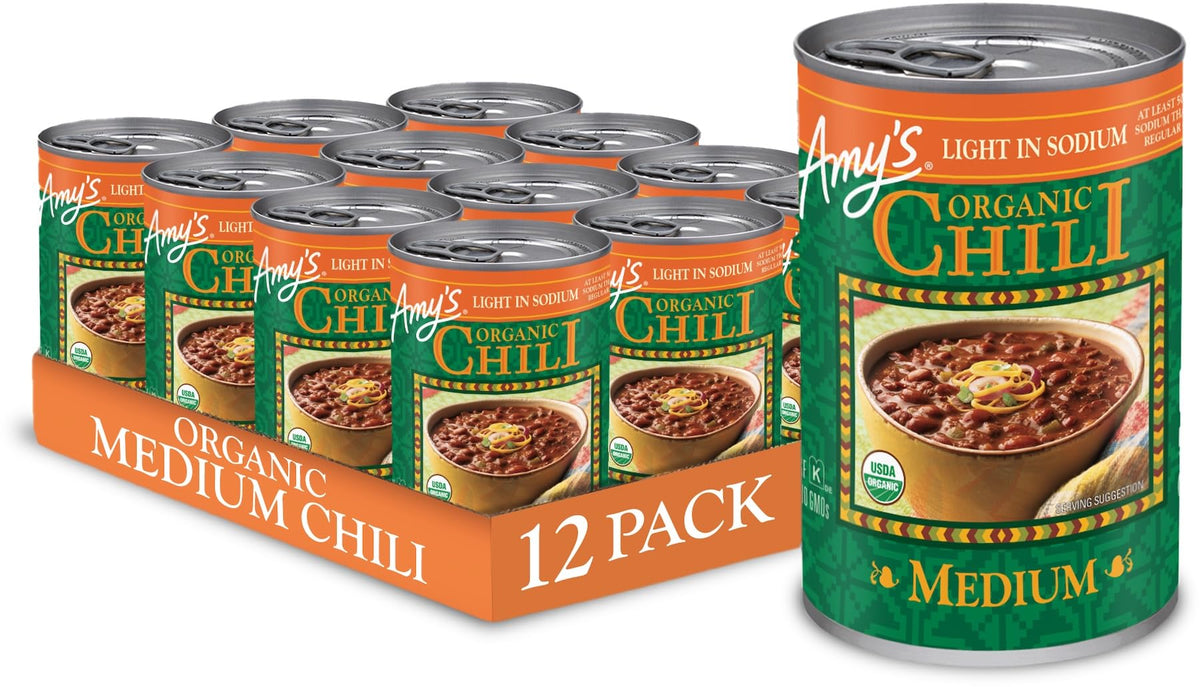 Amy's Organic Chili vegan medium 14oz can front view highlights organic ingredients
