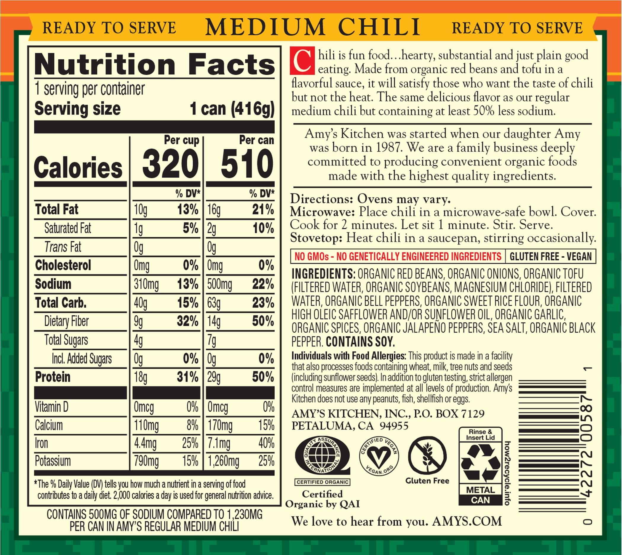 Amy's Organic Chili vegan medium ingredients with organic red beans and tofu