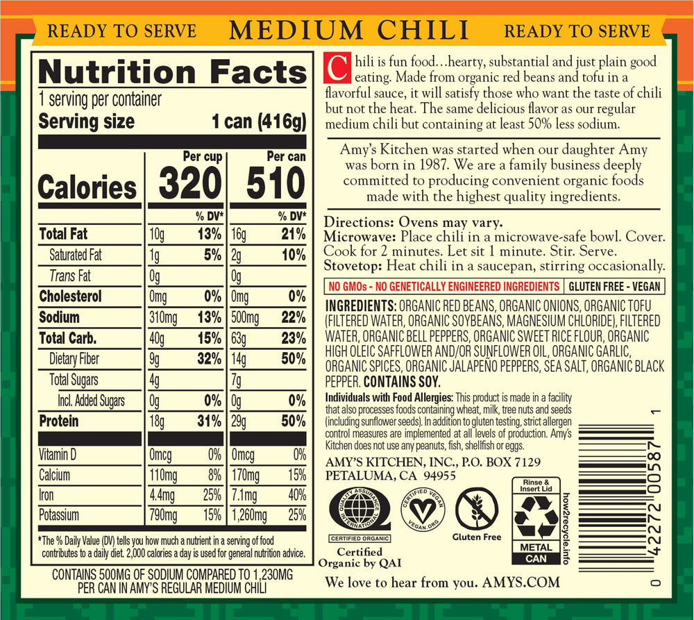 Amy's Organic Chili vegan medium ingredients with organic red beans and tofu