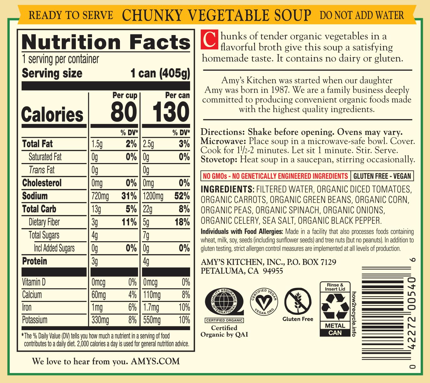 Close-up of Amy's label showing organic, vegan certifications