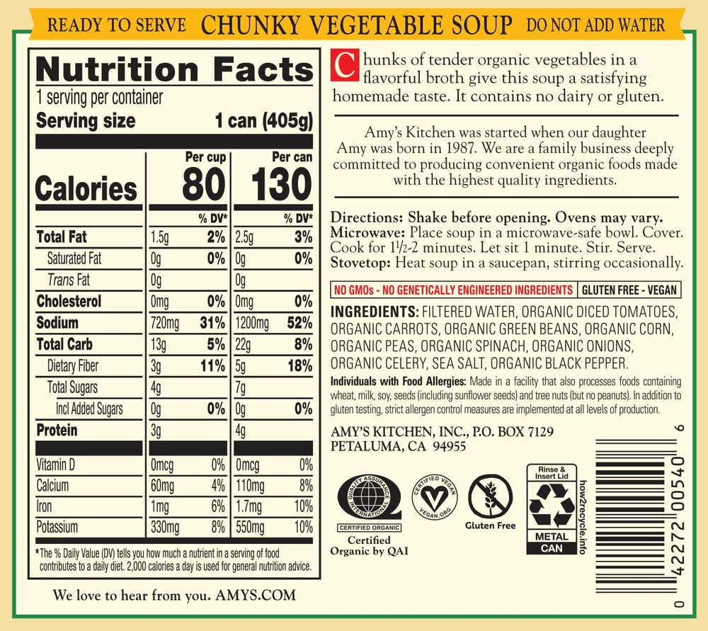 Close-up of Amy's label showing organic, vegan certifications