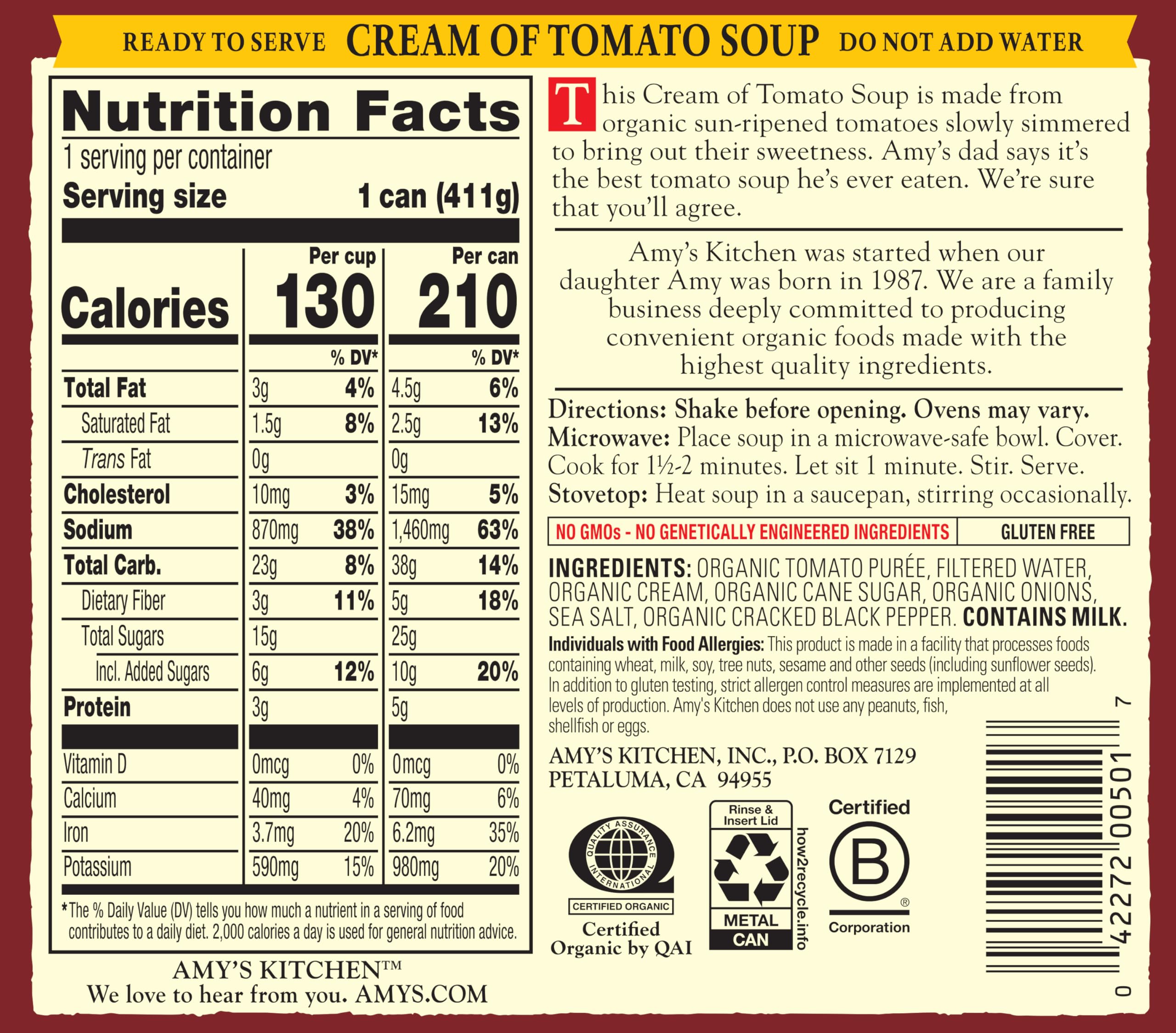 Amy's Organic Cream of Tomato Soup label close-up showing clean ingredients and certification.