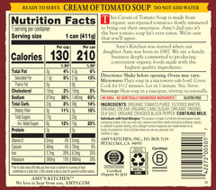 Amy's Organic Cream of Tomato Soup label close-up showing clean ingredients and certification.