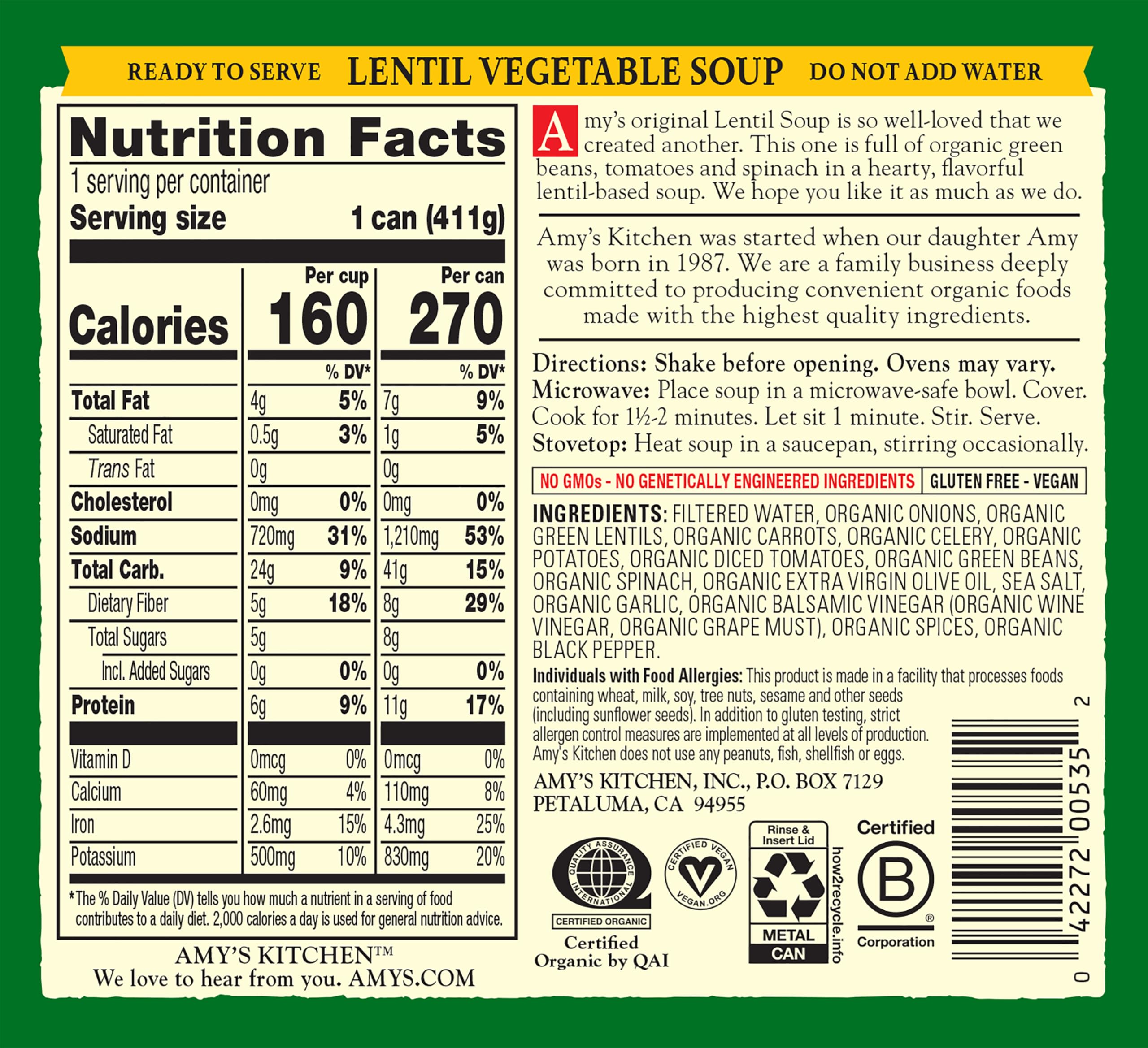 Amy's Lentil Soup can back label shows organic ingredients.