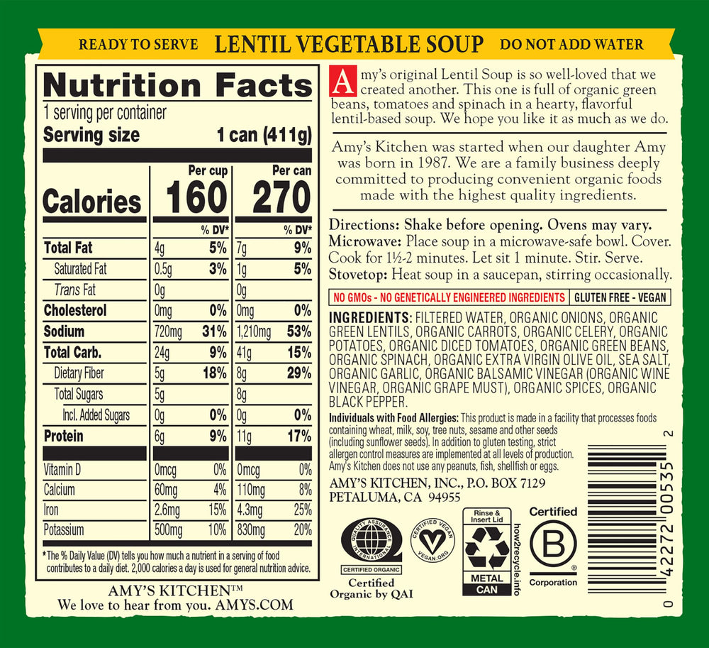 Amy's Lentil Soup can back label shows organic ingredients.