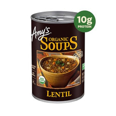 Amy's Lentil Soup can front label showing protein and fiber information