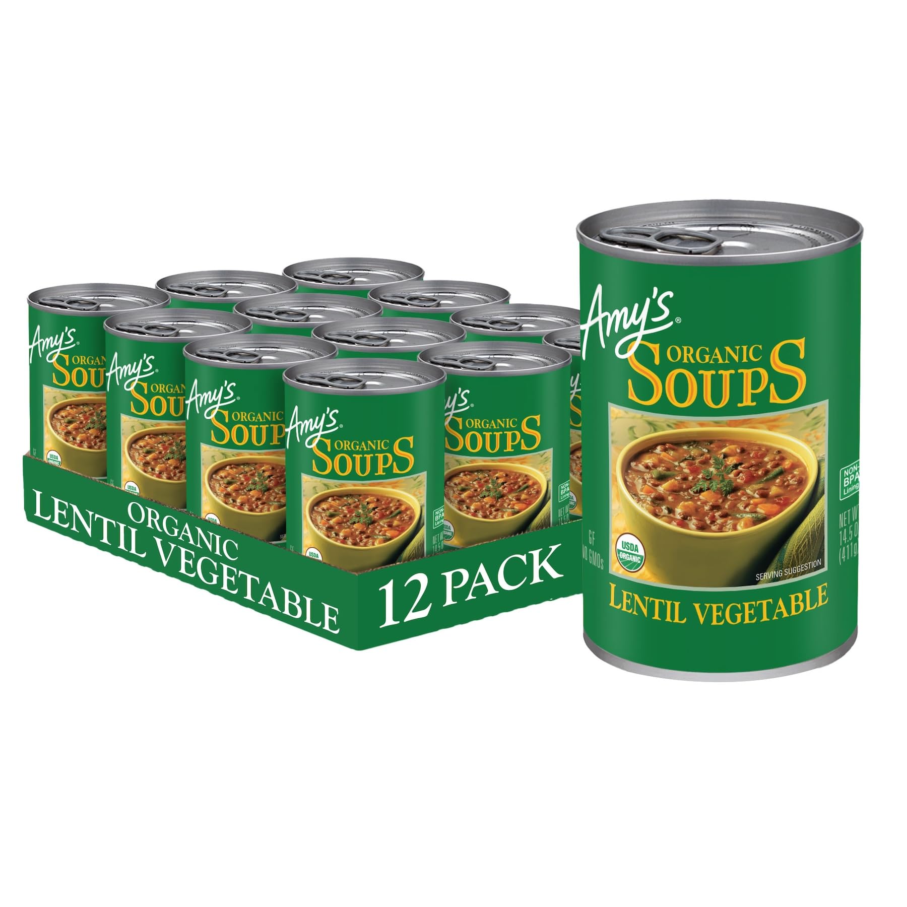 Amy's Organic Lentil Soup can front view; quick meal ready to heat.