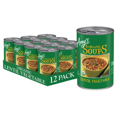 Amy's Organic Lentil Soup can front view; quick meal ready to heat.