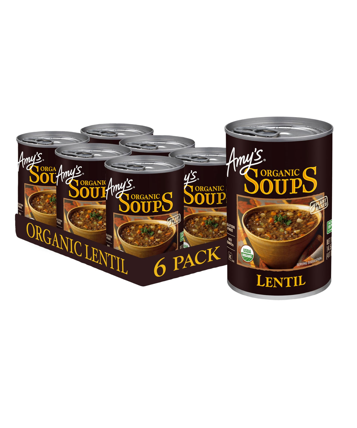 Amy's Organic Lentil Soup can front view, quick heat-and-serve vegan lunch.