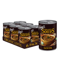 Amy's Organic Lentil Soup can front view, quick heat-and-serve vegan lunch.