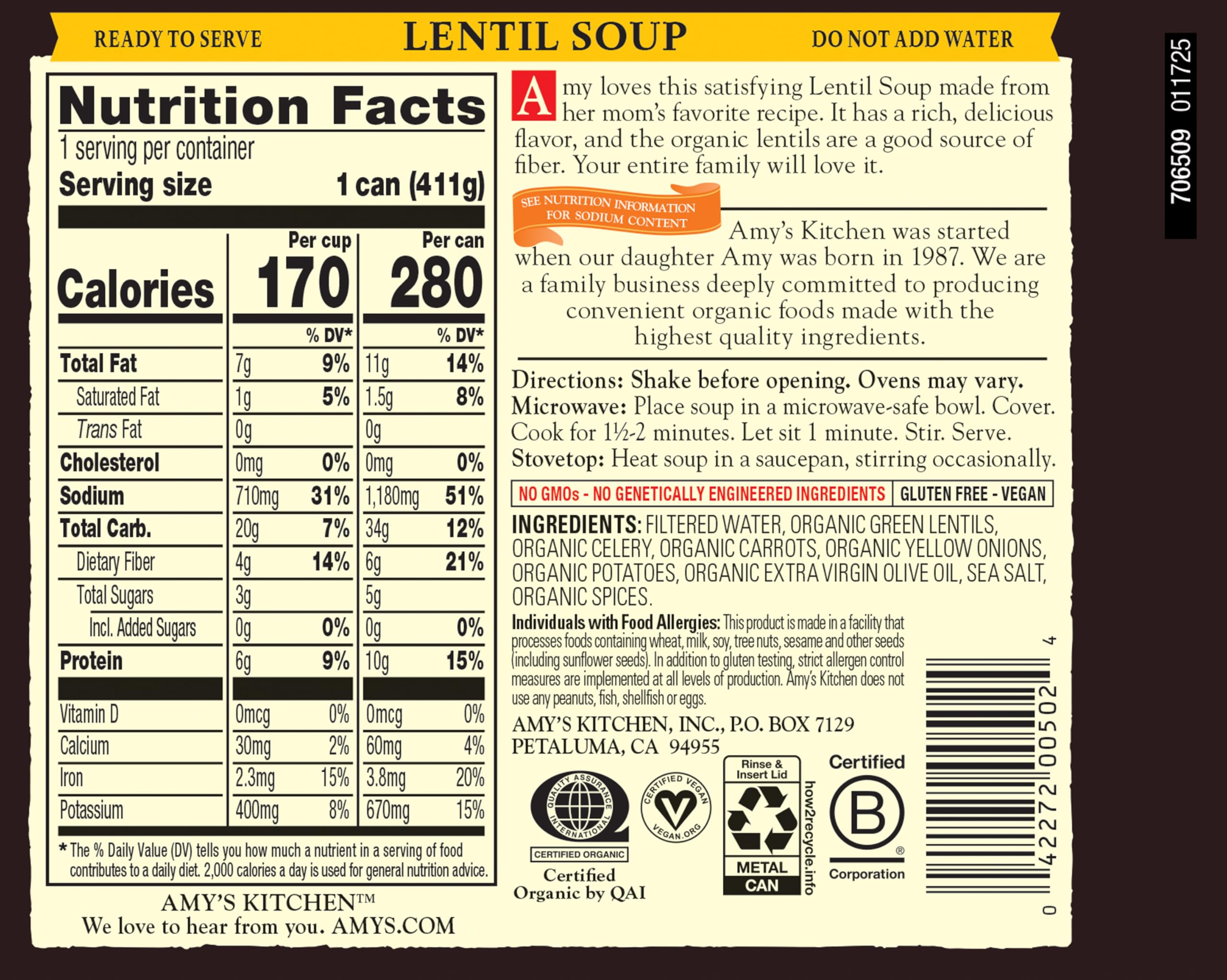 Amy's Organic Lentil Soup label with organic lentils and vegetables for flavorful lunches