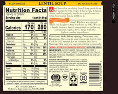 Amy's Organic Lentil Soup label with organic lentils and vegetables for flavorful lunches
