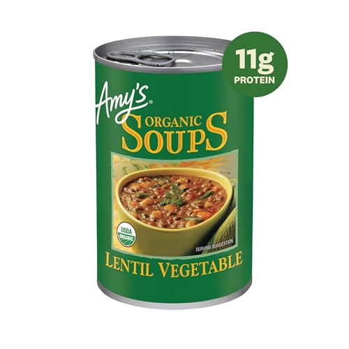 Pack of 12 Amy's Lentil Soup cans for easy pantry storage.