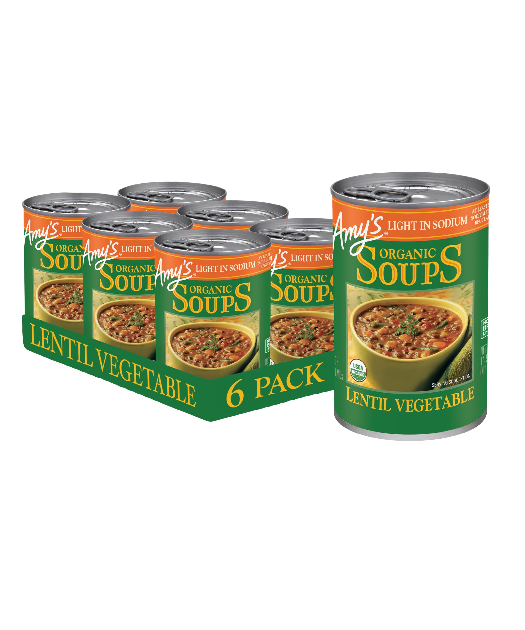 Amy's Organic Light in Sodium Lentil Vegetable Soup can, gluten-free promise highlighted