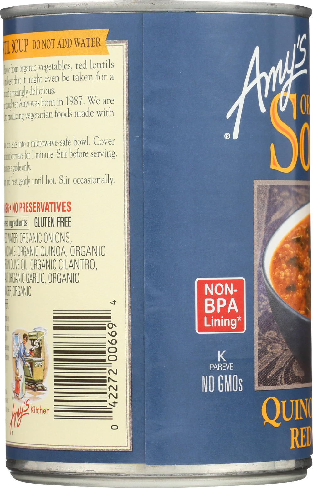 Amy's organic, Non-GMO, gluten-free label signals quality.