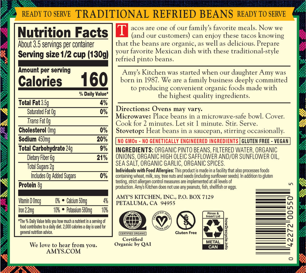 Amy's organic Pinto beans refried in a can for plant-based meals