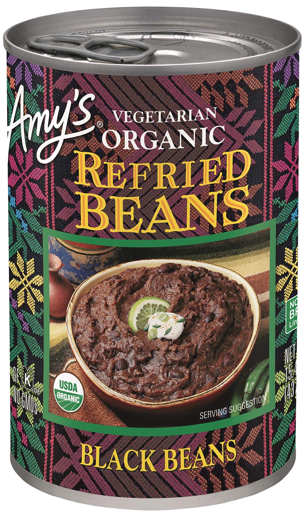 Amy's Organic Refried Black Beans front of can ready to heat for quick meals