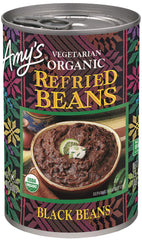 Amy's Organic Refried Black Beans front of can ready to heat for quick meals