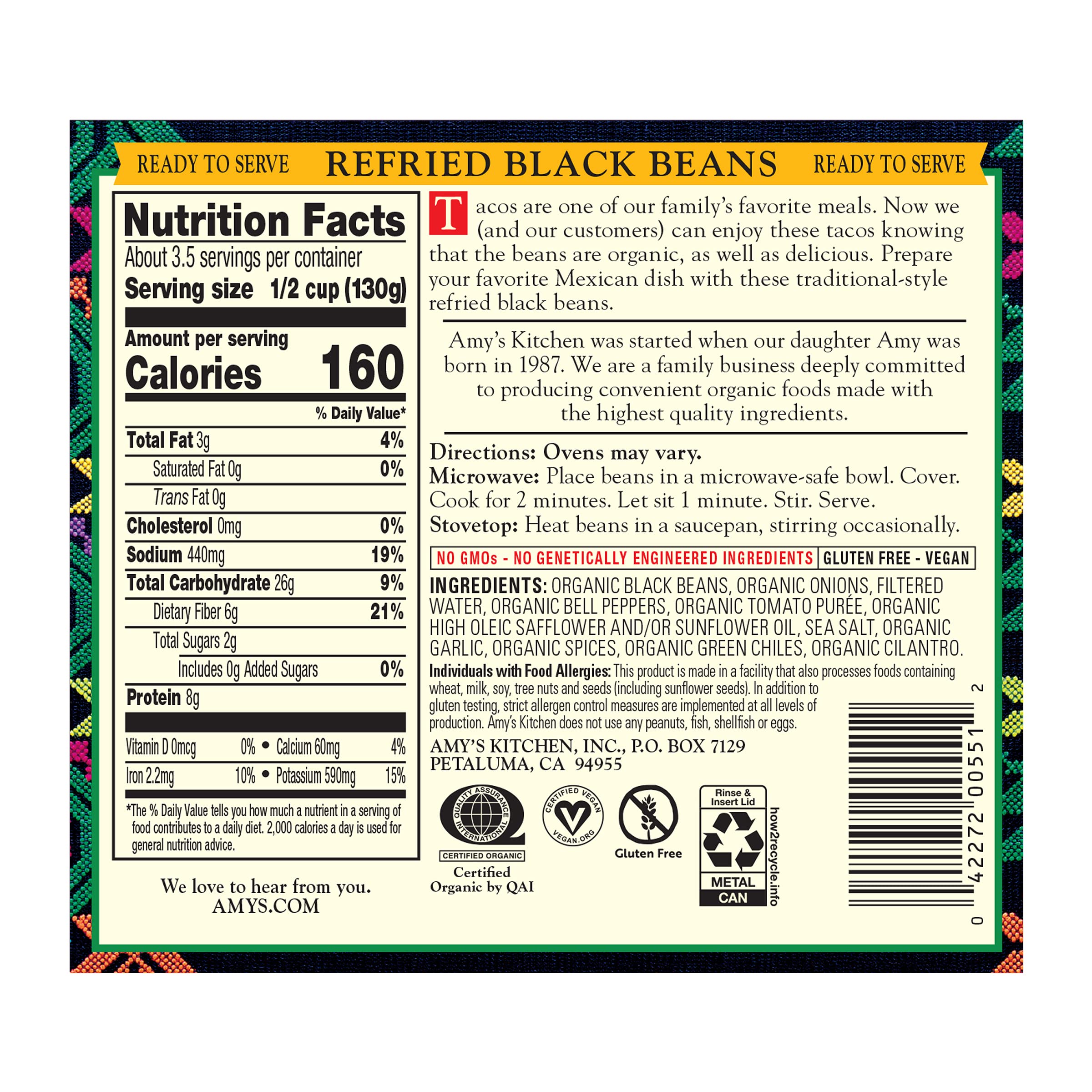 Amy's Organic Refried Black Beans ingredients close-up shows organic components