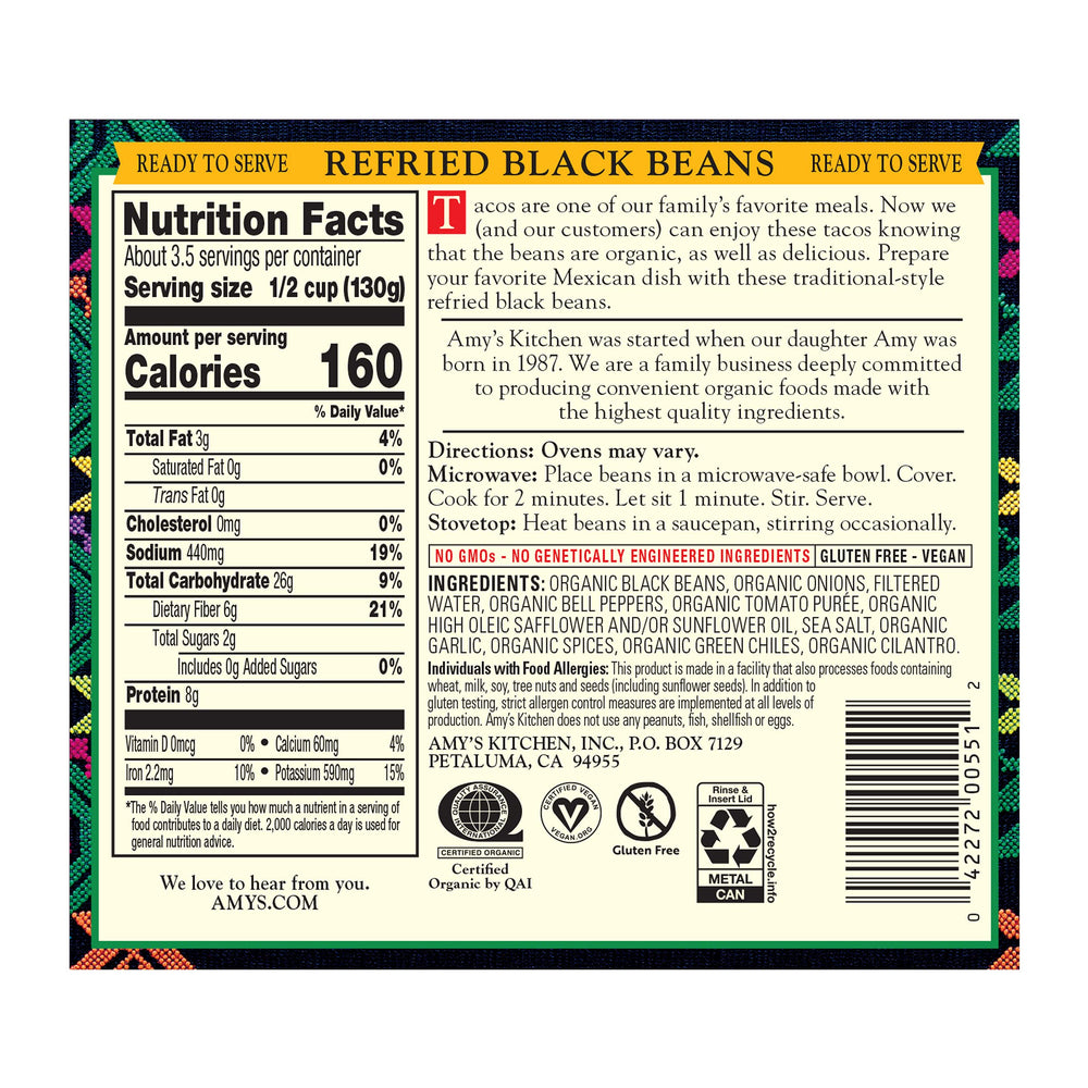 Amy's Organic Refried Black Beans ingredients close-up shows organic components