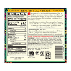 Amy's Organic Refried Black Beans ingredients close-up shows organic components
