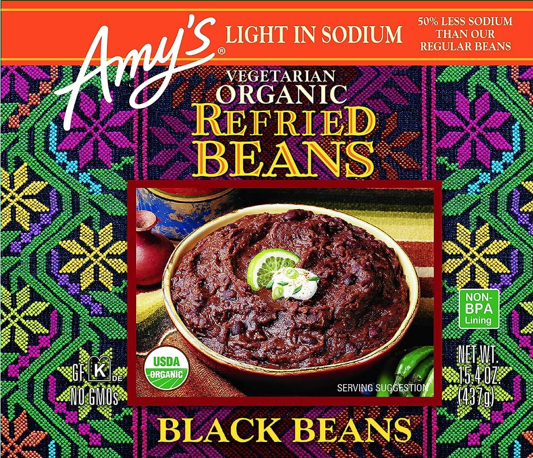 Amy's organic refried black beans label highlights non-GMO, gluten-free ingredients.