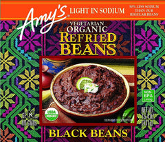 Amy's organic refried black beans label highlights non-GMO, gluten-free ingredients.