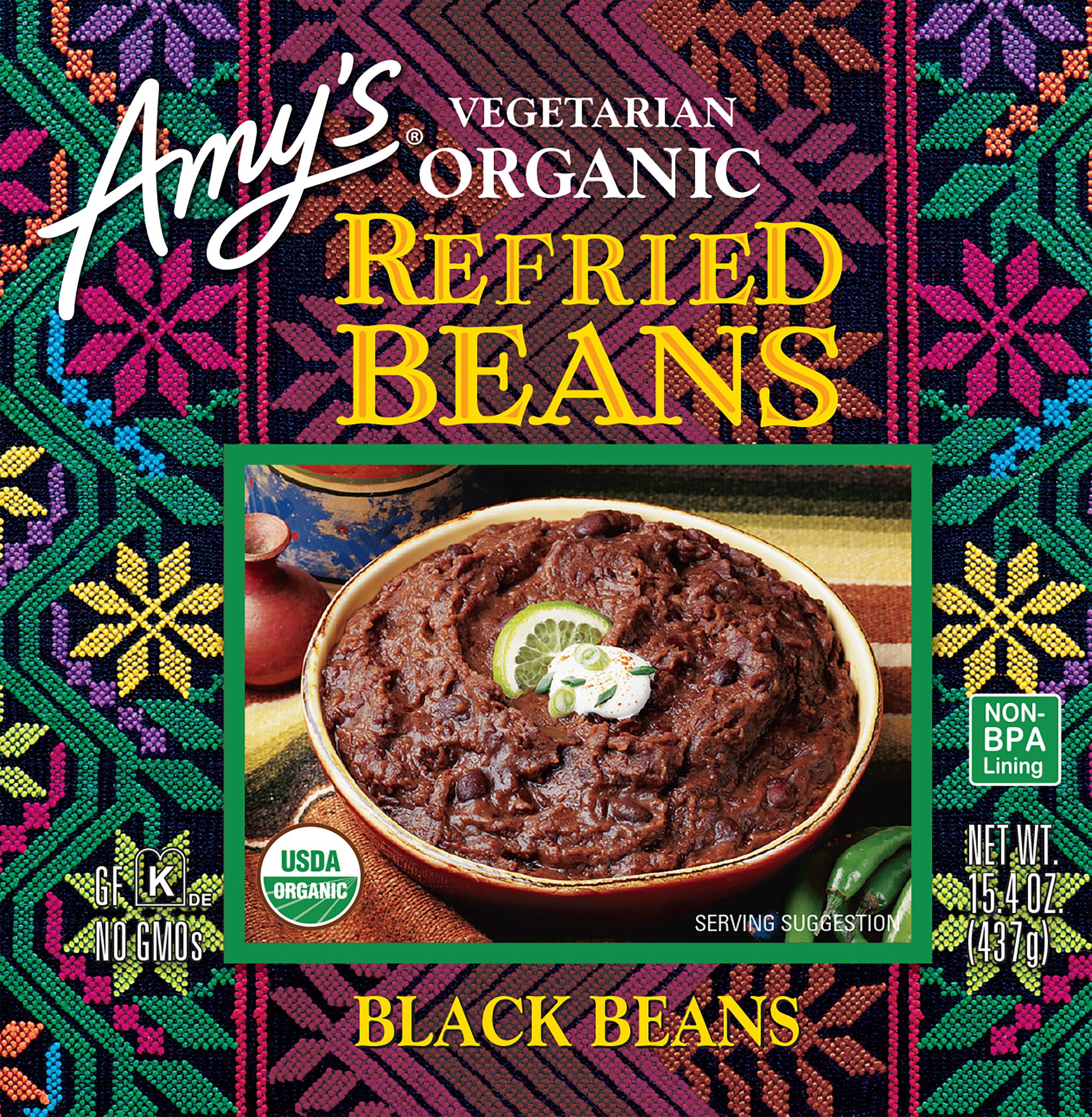 Amy's Refried Beans served in a bowl with chips shows creamy texture