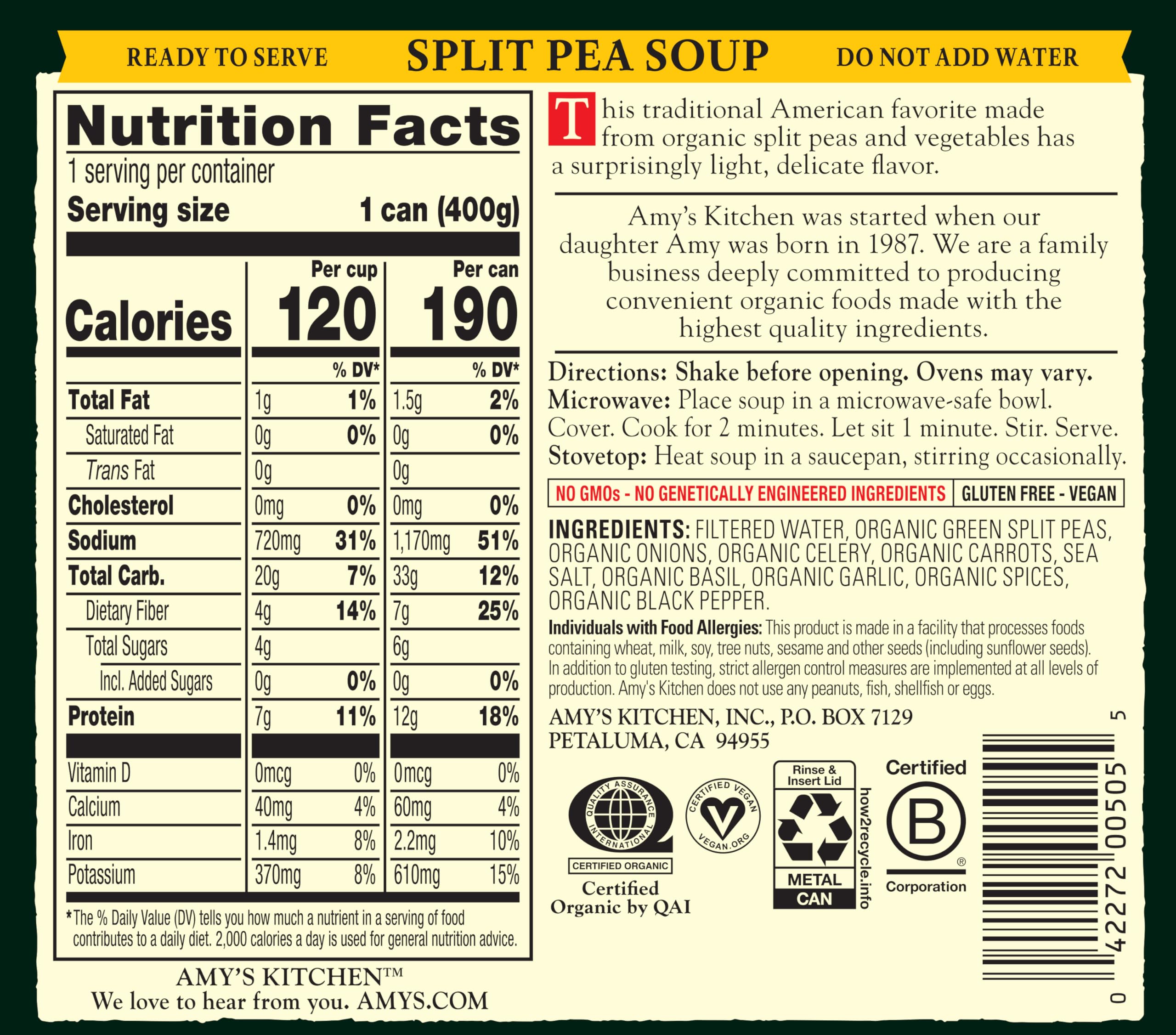 Amy's Organic Split Pea Soup label close-up highlighting organic ingredients.