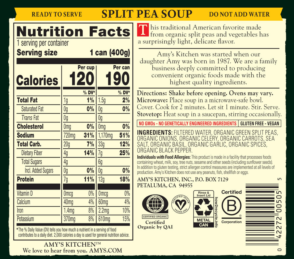 Amy's Organic Split Pea Soup label close-up highlighting organic ingredients.