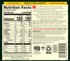 Amy's Organic Split Pea Soup label close-up highlighting organic ingredients.