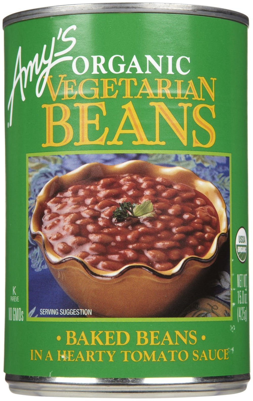 Amy's Organic Vegetarian Baked Beans can, label close-up, highlights clean ingredients and convenience