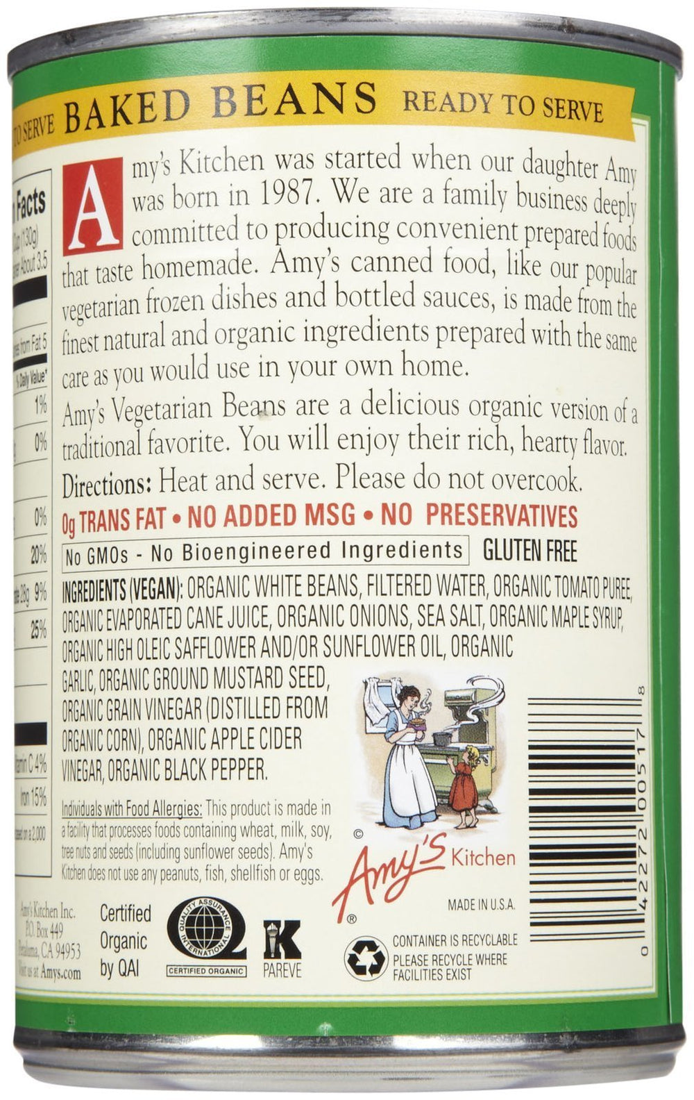 Amy's Organic Vegetarian Baked Beans label close-up highlights clean ingredients and no hydrogenated fats